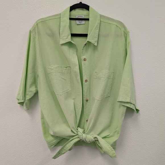 Lime Green Tie Front Button Up Cotton Top sz XL Lightweight Summer Coastal Beach - Picture 1 of 8